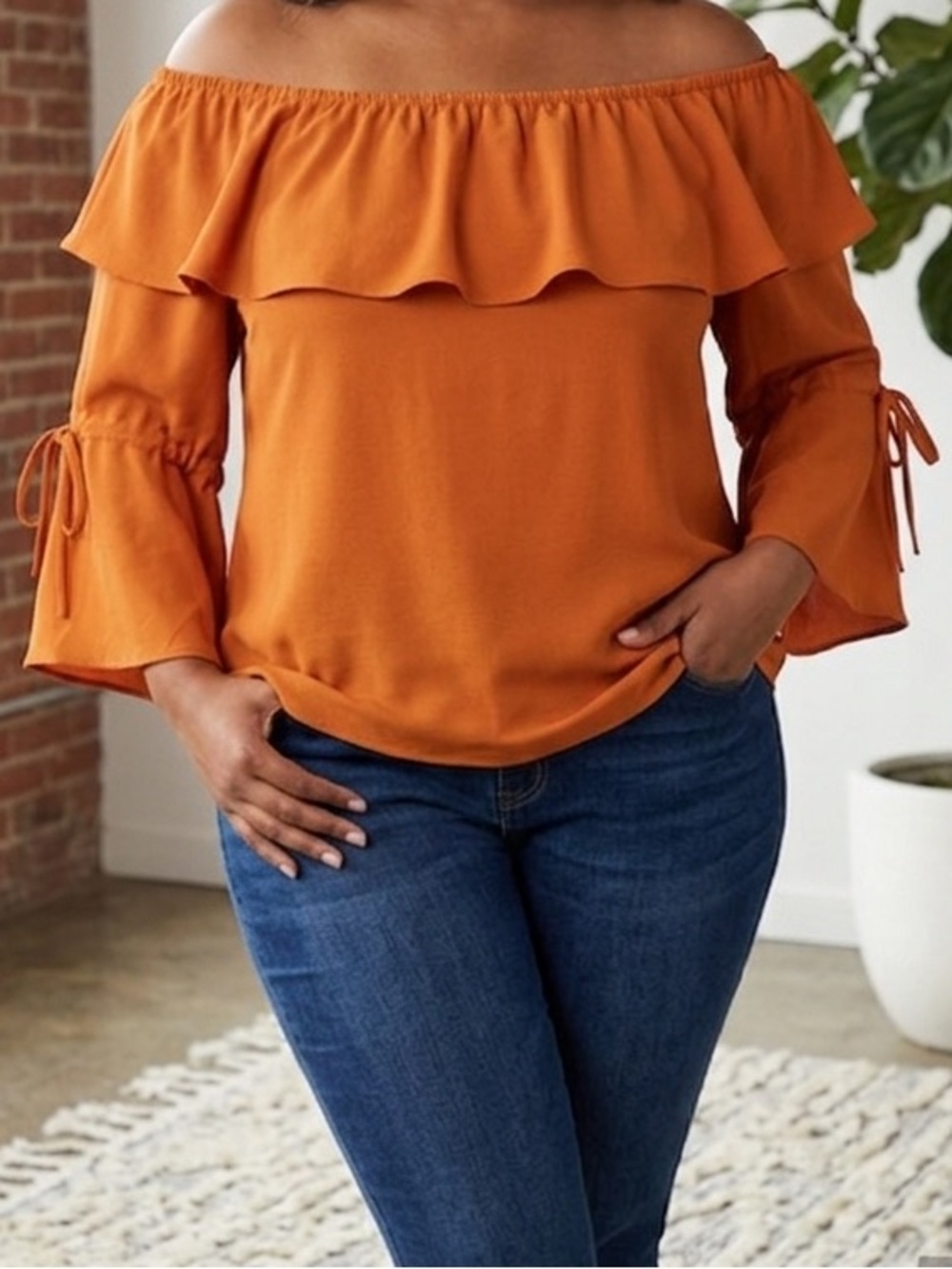 Ashley Stewart Off-Shoulder Ruffle Tie-Sleeve Top - Burnt Orange